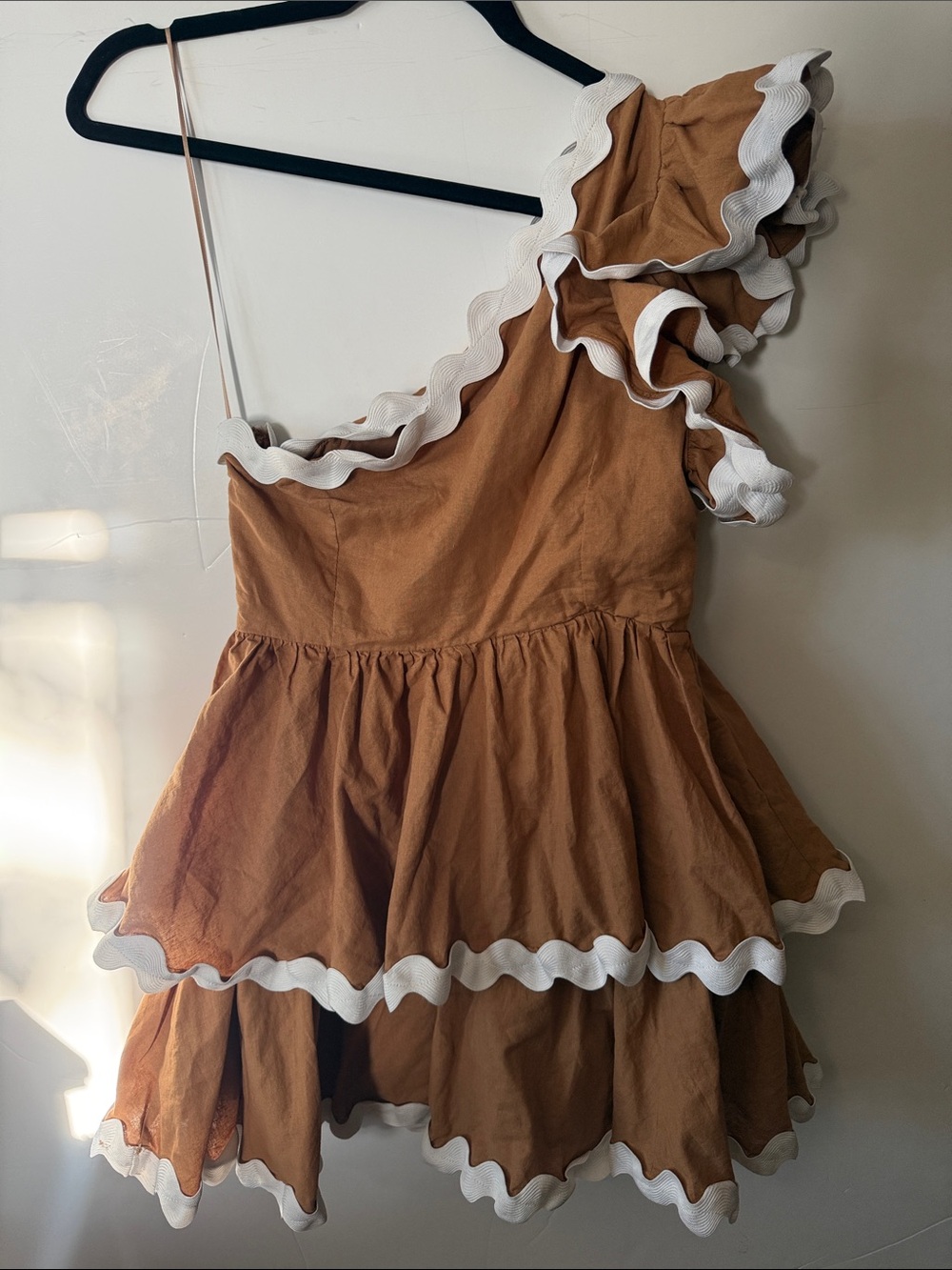 Petal & Pup One-Shoulder Ruffle Dress in Brown and White
